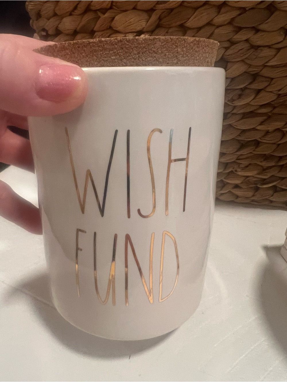 Rae Dunn White Ceramic 'Wish Fund' Jar with Gold Lettering